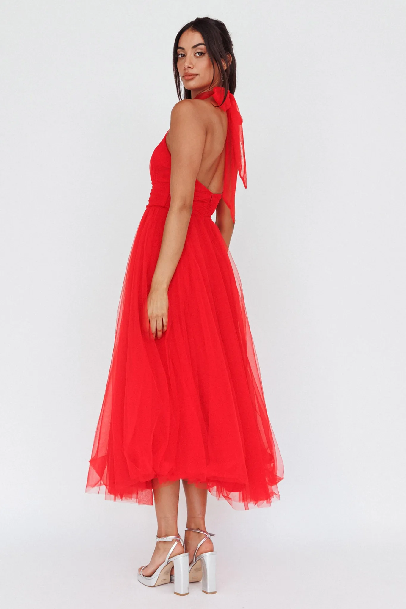 Andria Halterneck Tulle Midi Dress Red