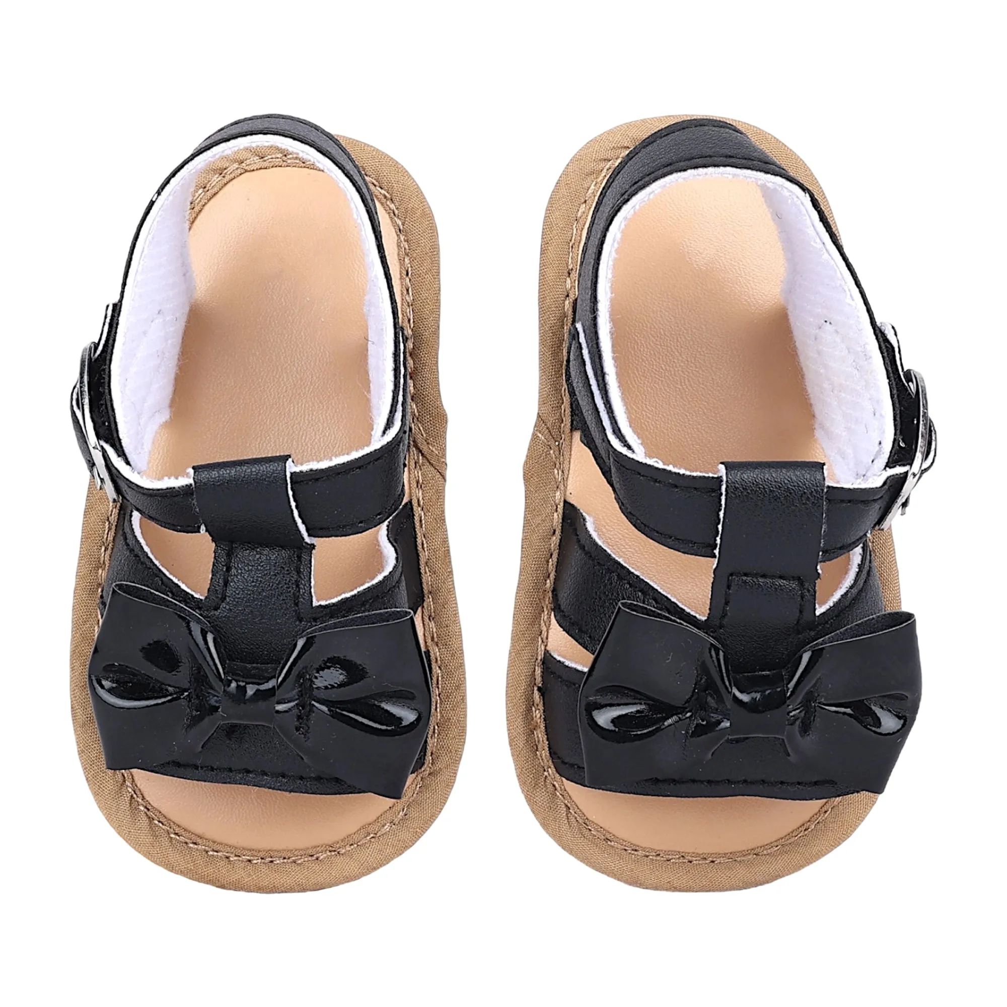 Baby Moo Bow Velcro T-Strap Anti-Skid Open Toe Sandals - Black