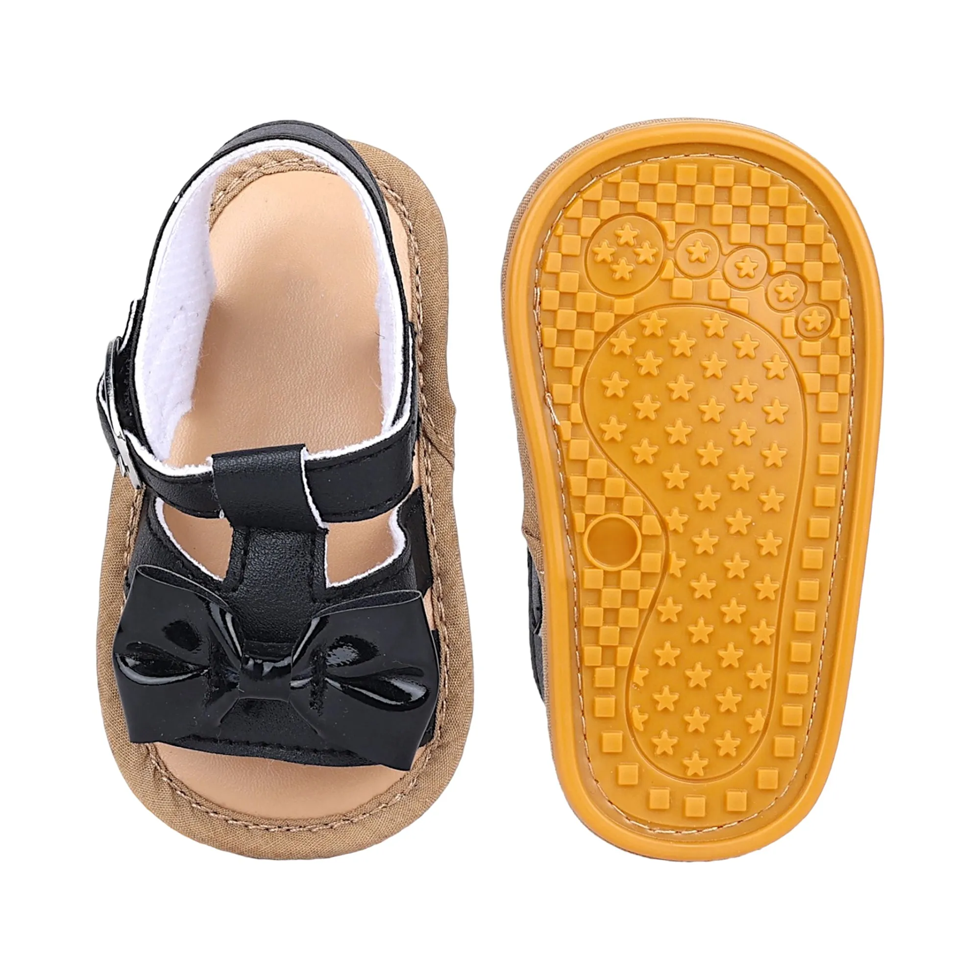 Baby Moo Bow Velcro T-Strap Anti-Skid Open Toe Sandals - Black