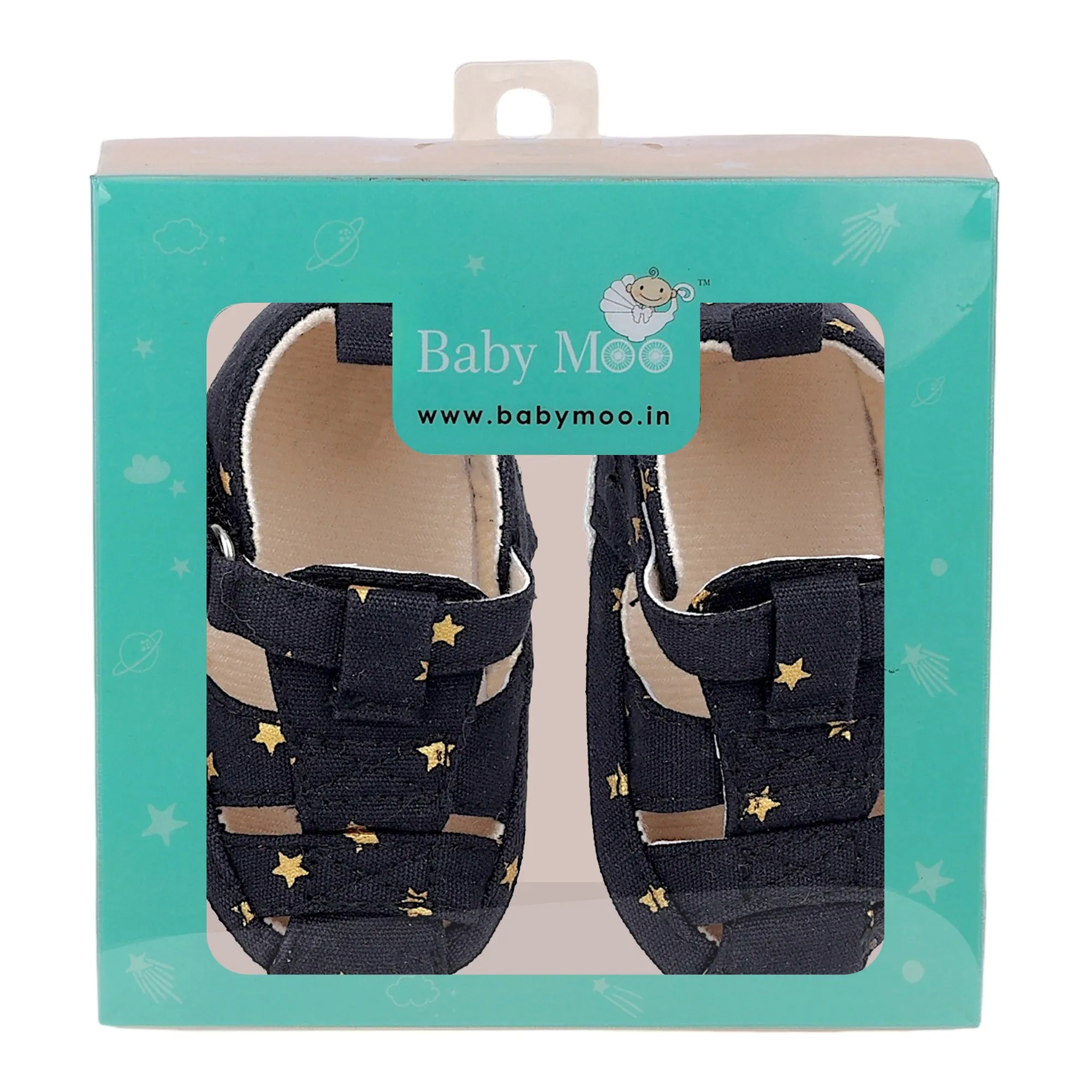 Baby Moo Starry Stylish Anti-Slip Velcro Hook-Loop Sandals - Black