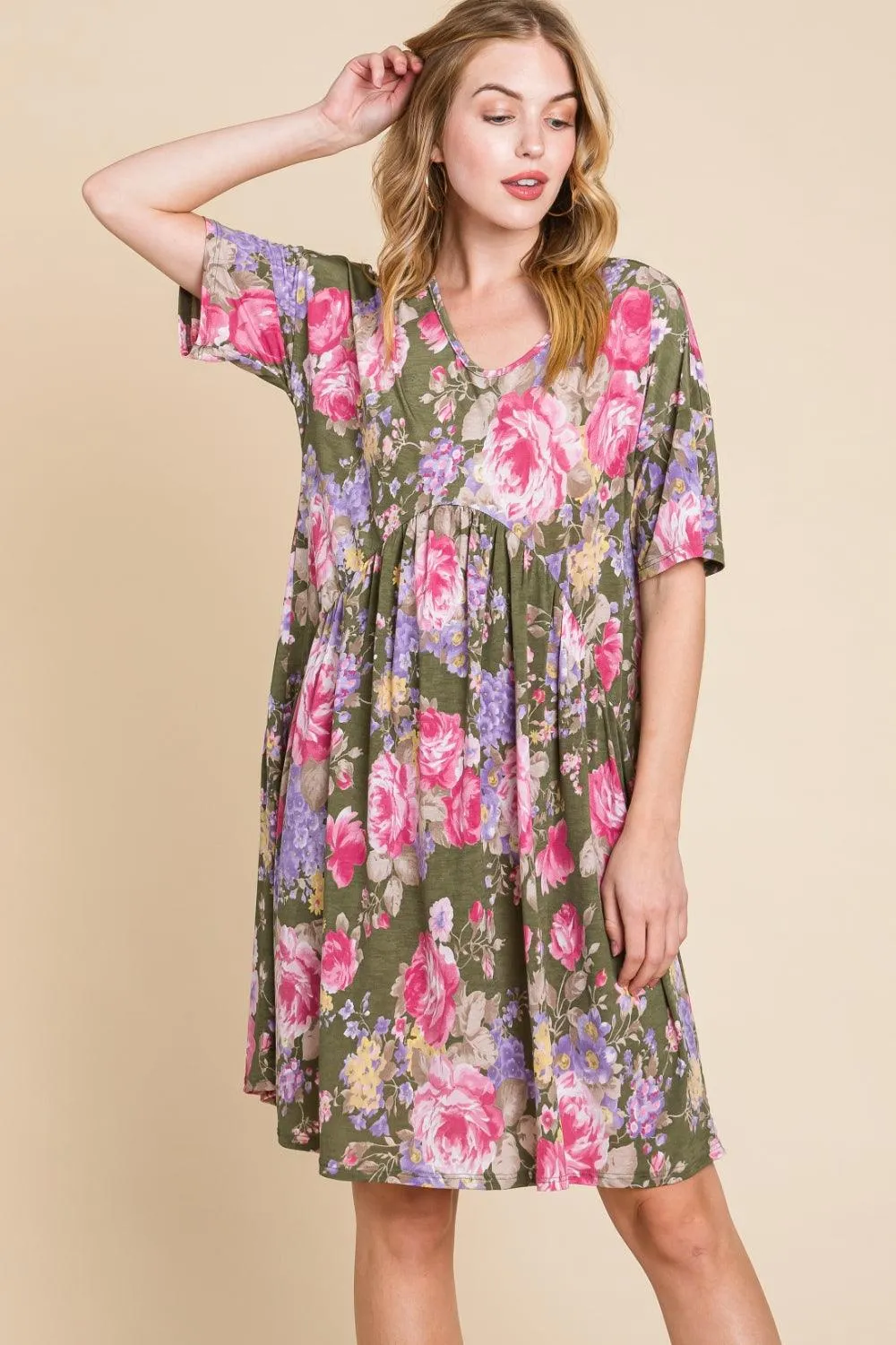 BOMBOM Flower Print V-Neck Ruched Dress