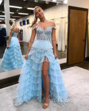 Charming Off-the-shoulder Blue Lace Tulle Layered Long Prom Dress with Slit lpk555