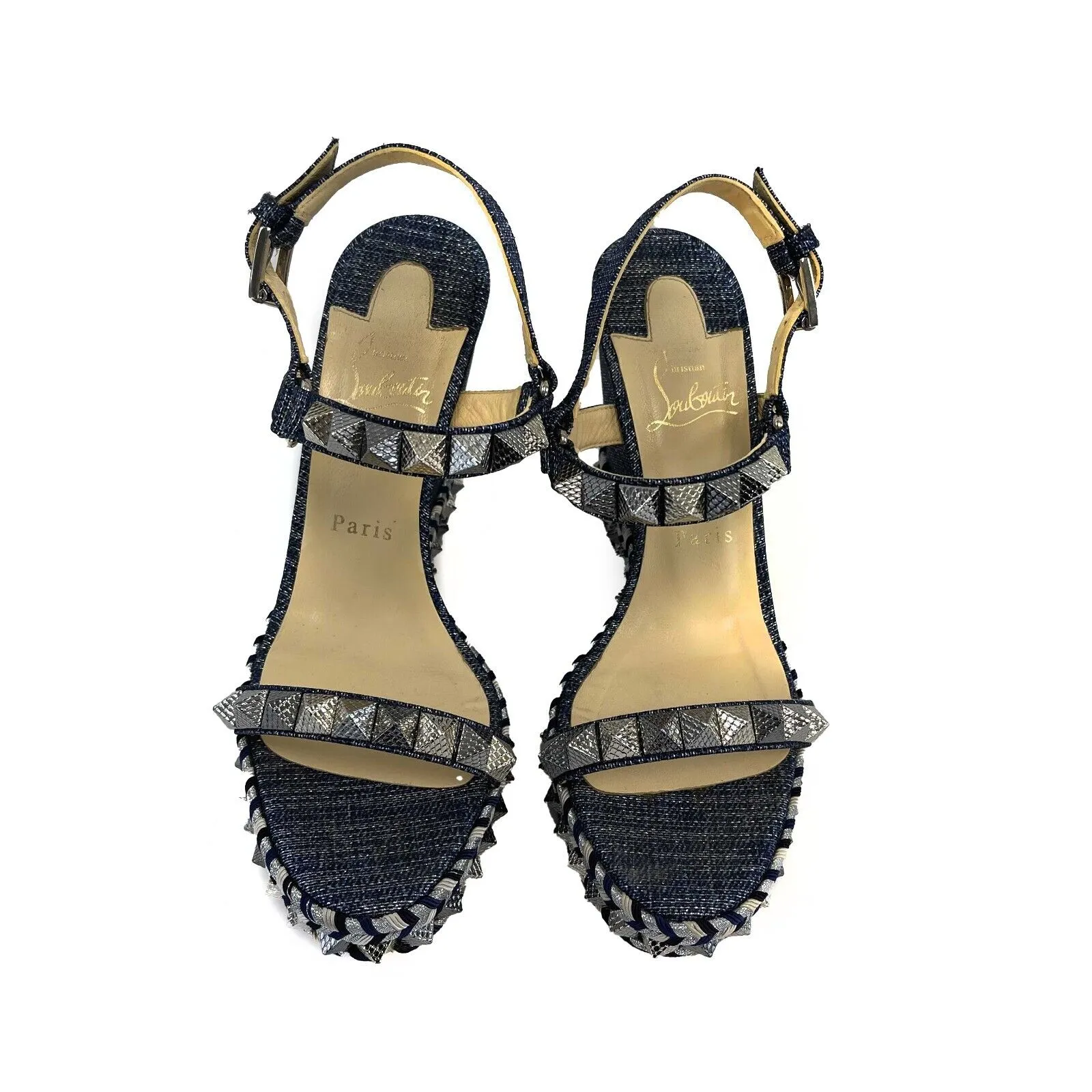 Christian Louboutin - Pyraclou Spike Denim Wedge Sandals - 39 US 9