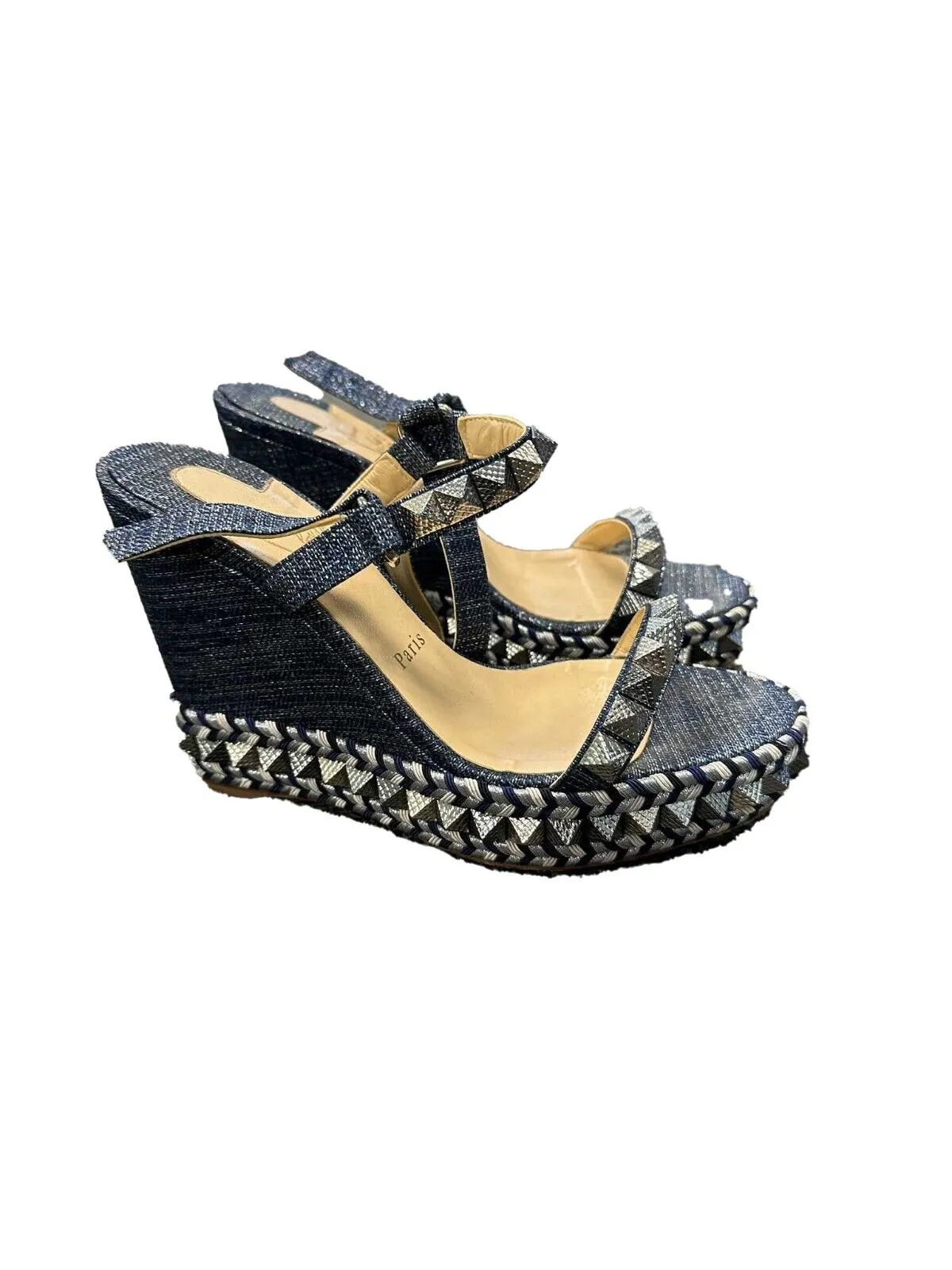 Christian Louboutin - Pyraclou Spike Denim Wedge Sandals - 39 US 9