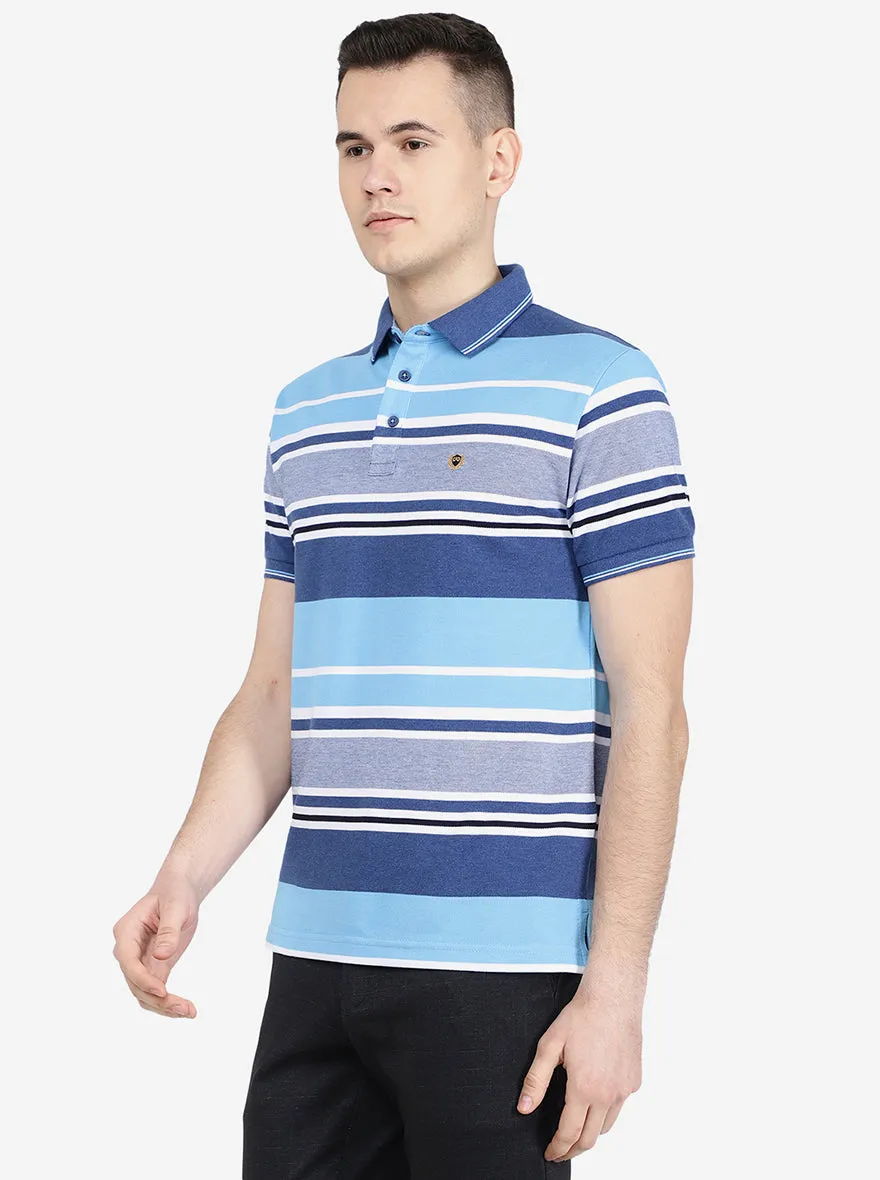 Cyan Blue Striped Slim Fit Polo T-Shirt | Jadeblue