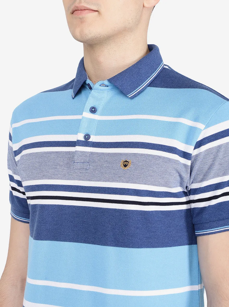 Cyan Blue Striped Slim Fit Polo T-Shirt | Jadeblue