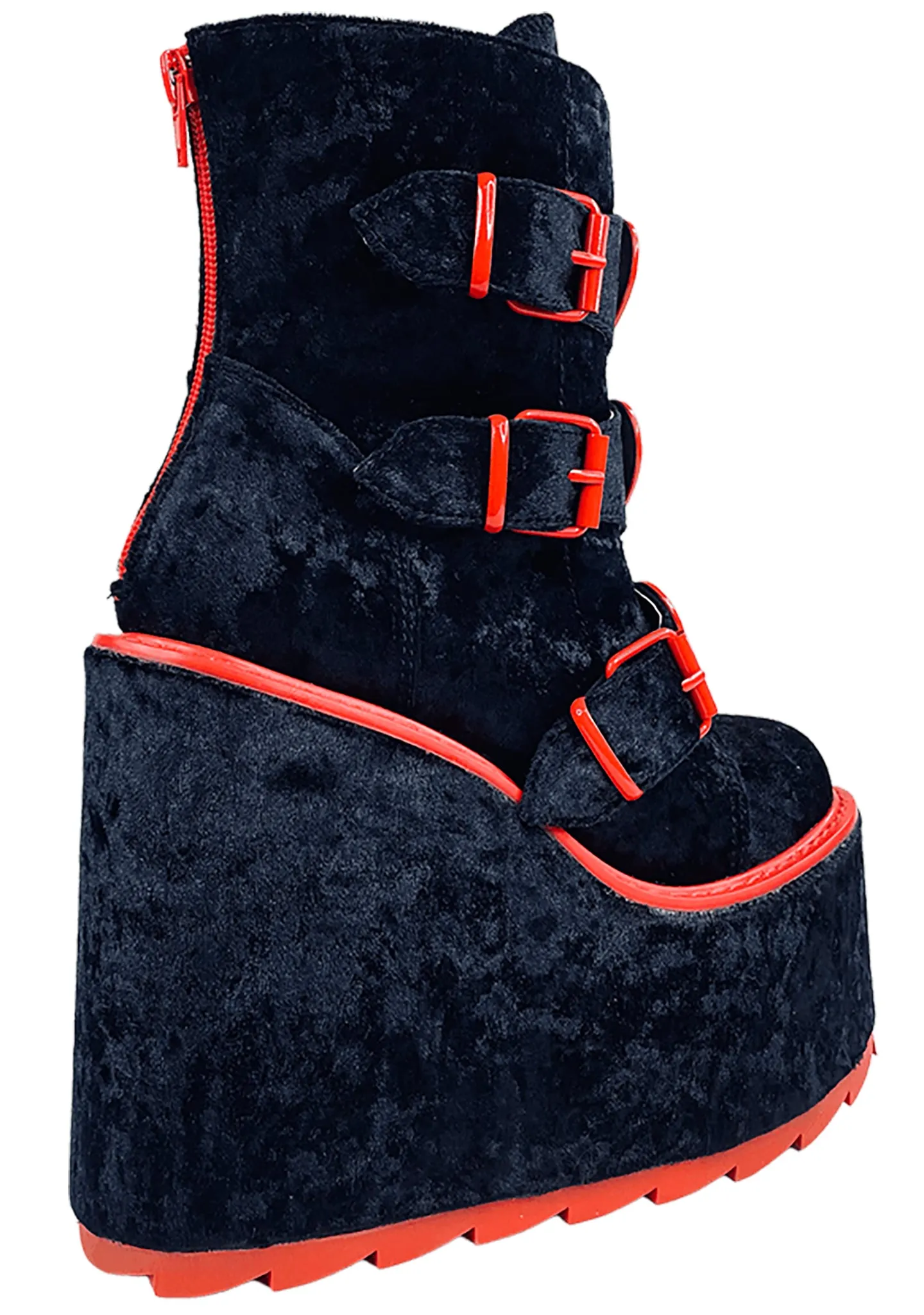 Dune Lo Heart Velvet Platform Boots in Black Red