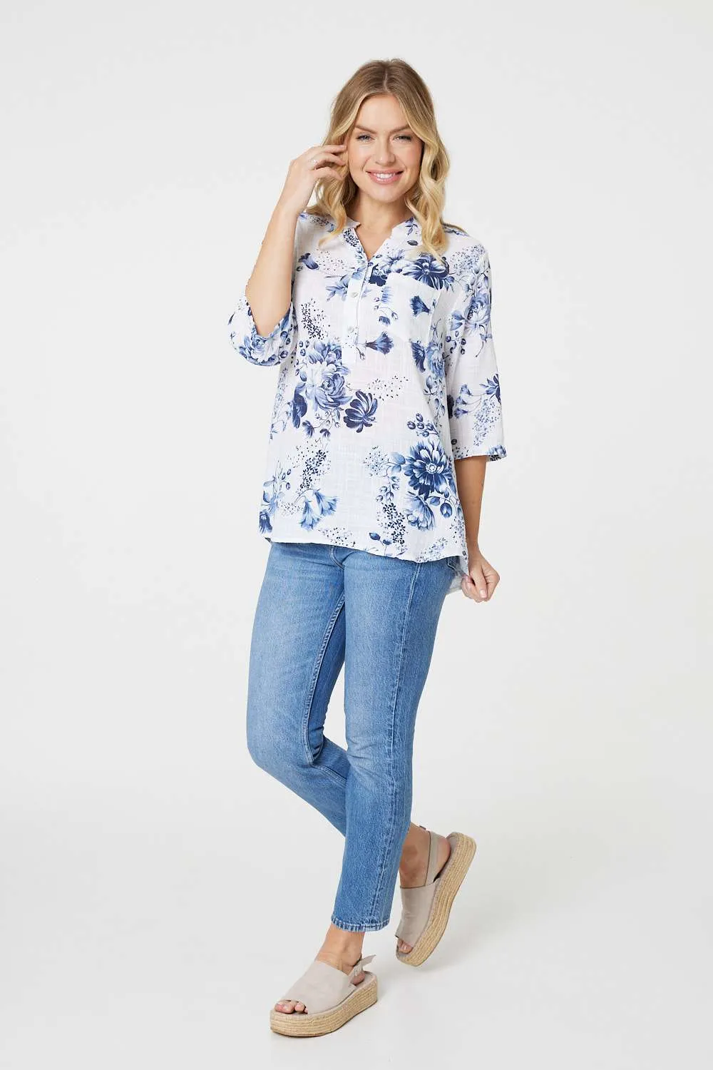 Floral Roll Sleeve Blouse Top