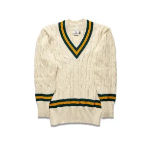 Fox Cricket Club Ecru Sweater with Green & Gold Stripes