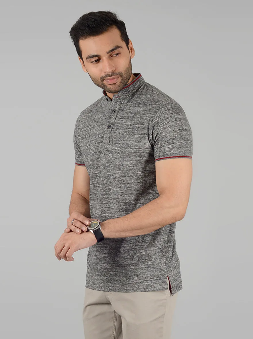 Grey Self Textured Slim Fit Polo T-Shirt | JadeBlue