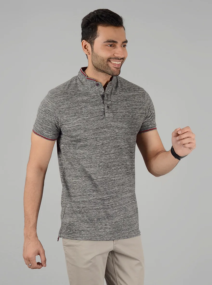 Grey Self Textured Slim Fit Polo T-Shirt | JadeBlue