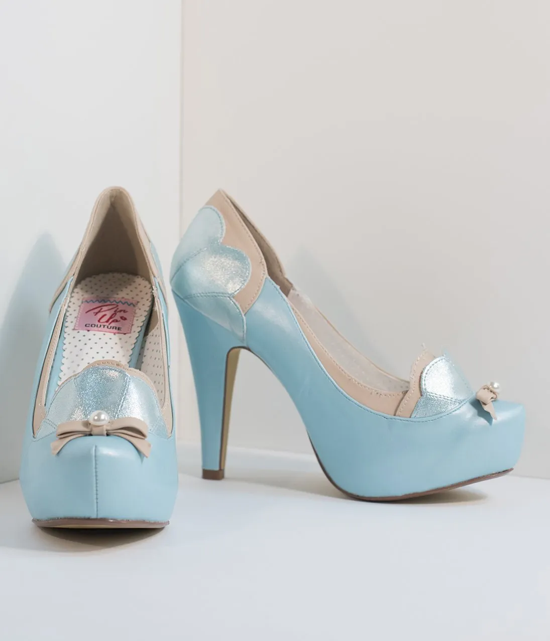 Light Blue Leatherette Sparkle Shell Bettie Pumps