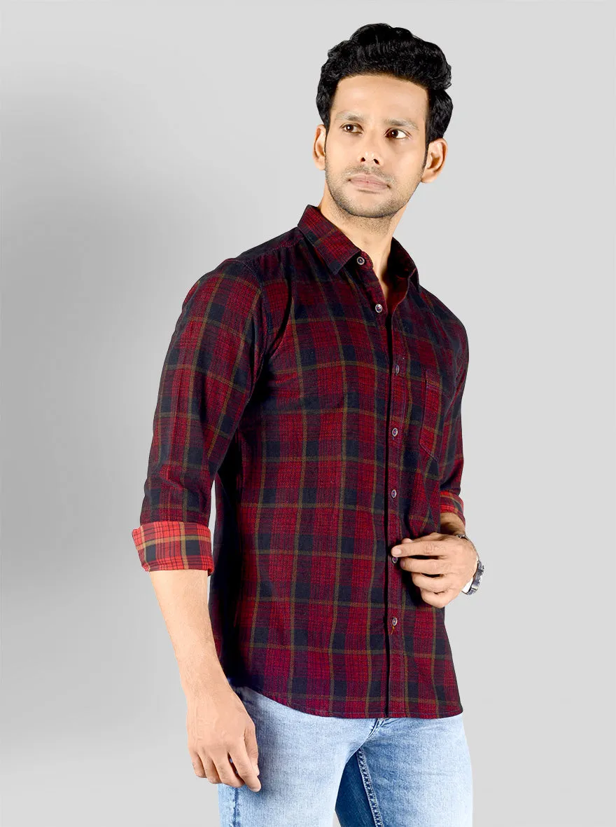 Maroon & Navy Blue Checked Slim Fit Casual Shirt | JadeBlue