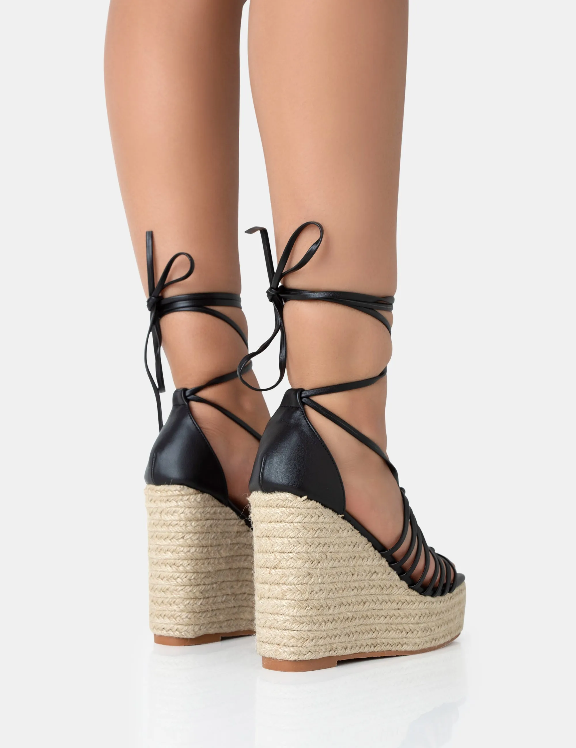 Reece Black PU Knot Strap Lace Up Raffia Wedge Heels