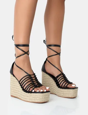 Reece Black PU Knot Strap Lace Up Raffia Wedge Heels