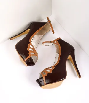 Retro Style Dark Brown & Maple Leatherette Peep Toe Platform Cutout Pumps