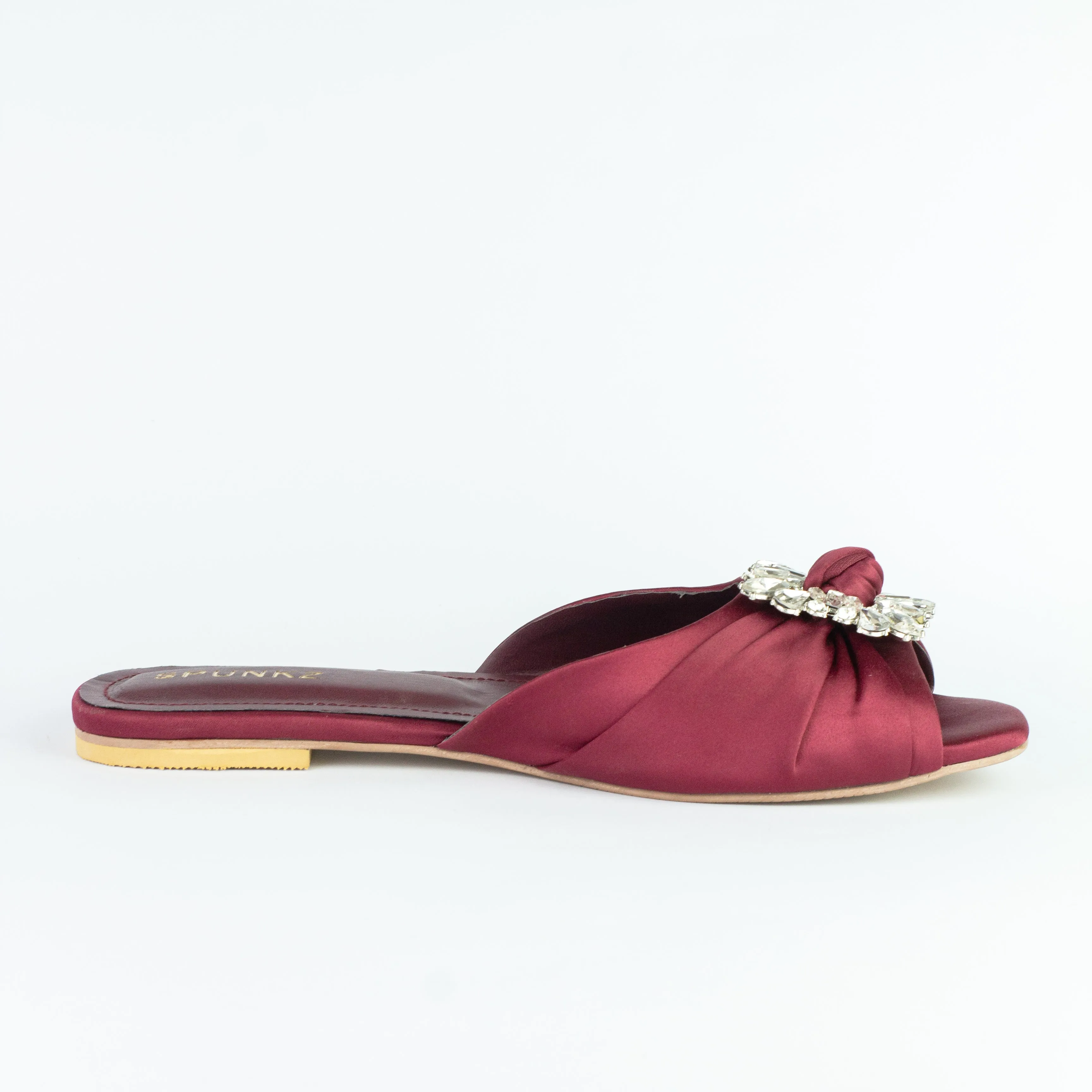 Spunkz Peep Toe Crystal Brooch Burgundy Flat Slippers