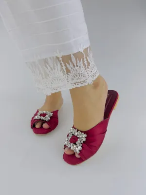 Spunkz Peep Toe Crystal Brooch Burgundy Flat Slippers