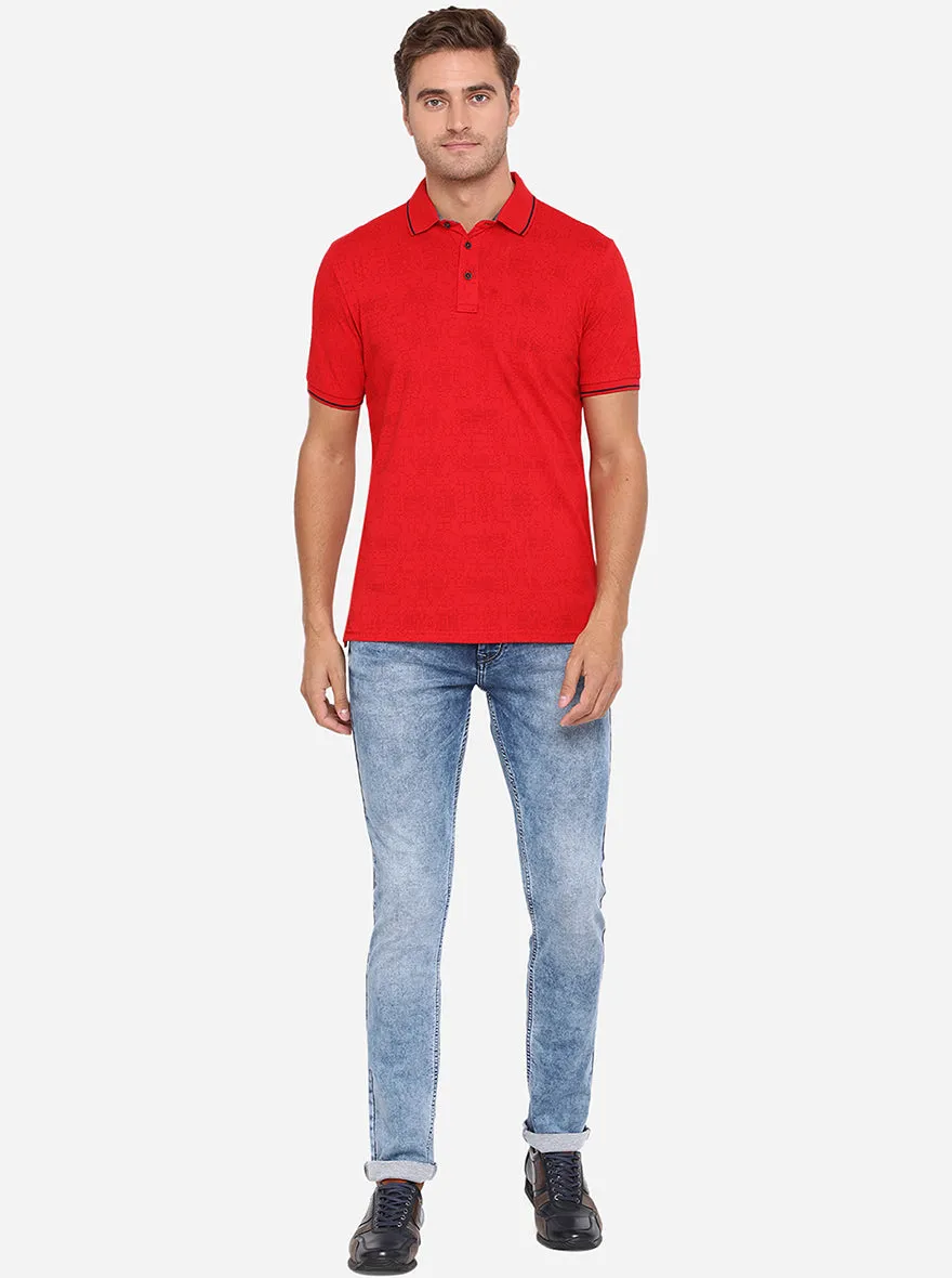 Tomato Red Printed Slim Fit Polo T-Shirt | JadeBlue