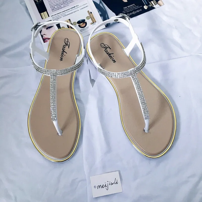 Trendy Rhinestone Flat Beach Sandals                                                                   Flat San