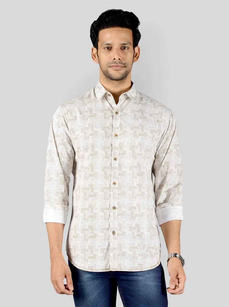 White & Beige Printed Slim Fit Casual Shirt | Greenfibre