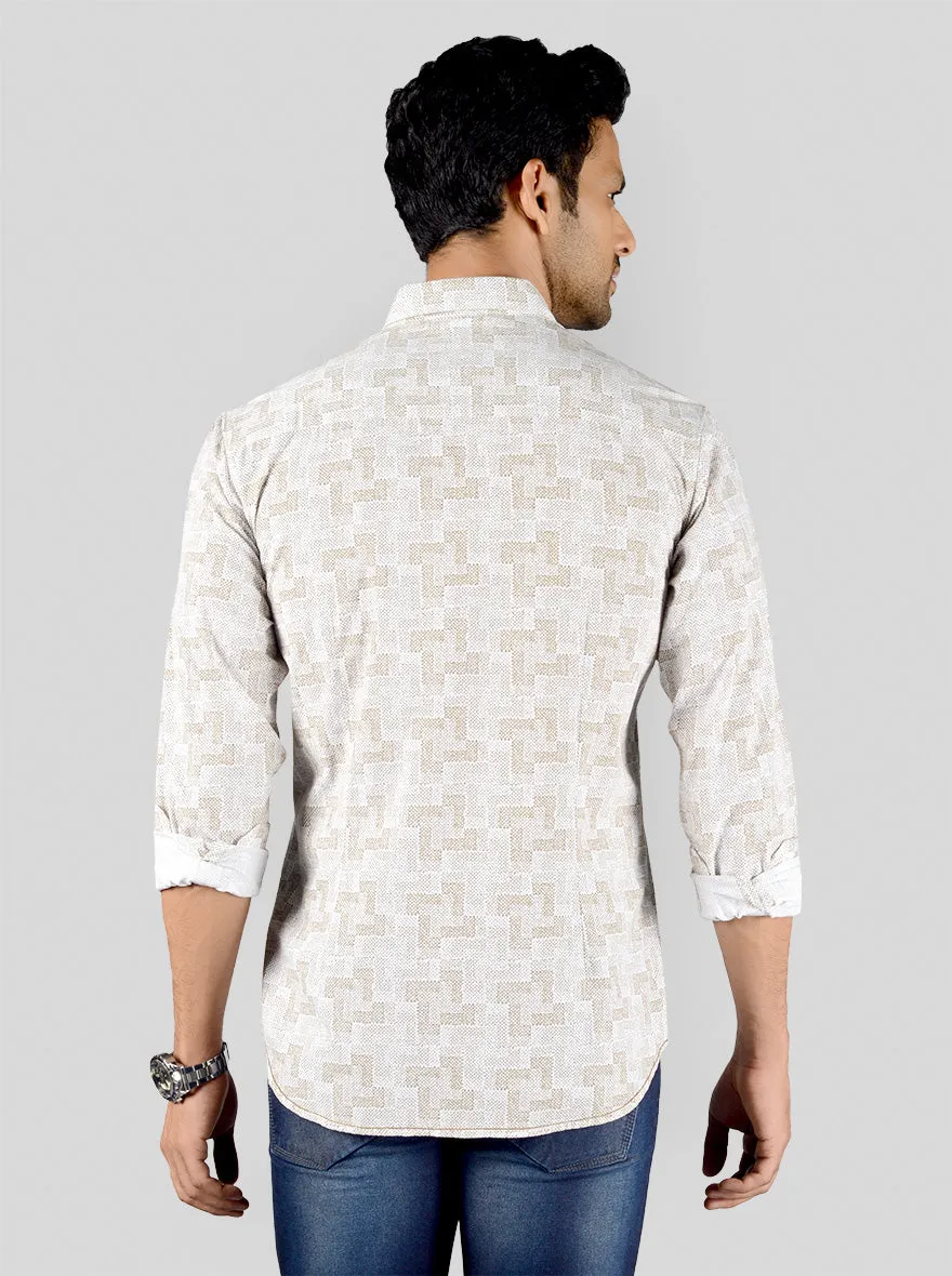 White & Beige Printed Slim Fit Casual Shirt | Greenfibre