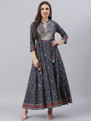 Women'S Blue Cotton Anarkali Kurta