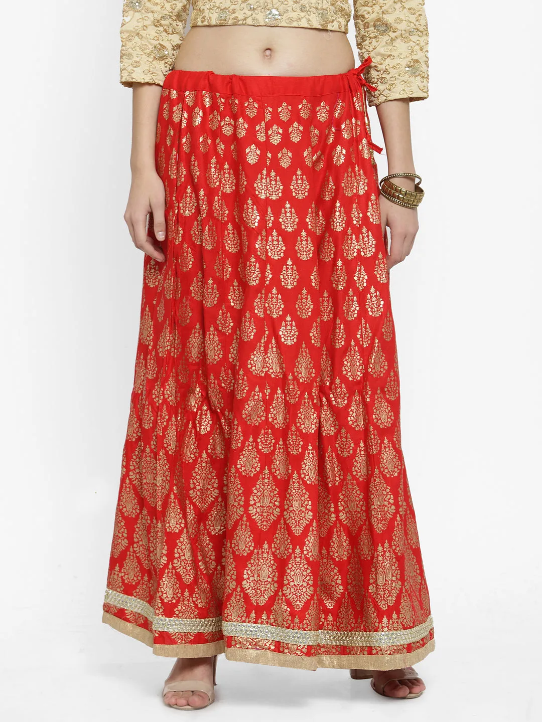 Women'S Red Printed Embellished Flared Skirt